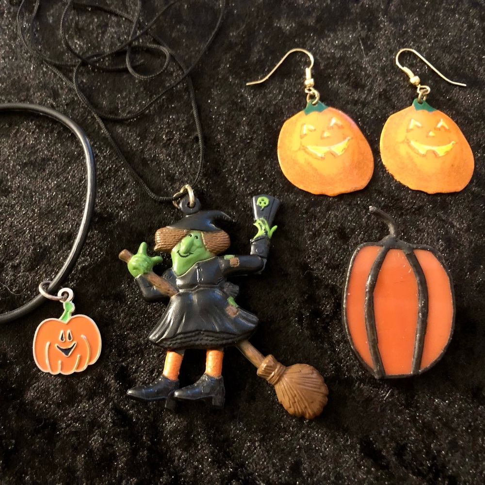 Halloween, Witch Necklace, Pumpkin Earrings, Bracelet, Pin- Vintage Jewelry Lot